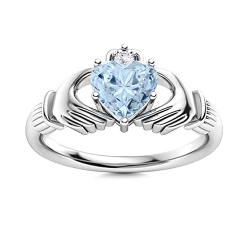 MOONEYE Irischer Claddagh-Ring, 5 mm, Herzform, Aquamarin-Solitär-Damen-Ehering, 925er Sterlingsilber Sterlingsilber, 55 von MOONEYE