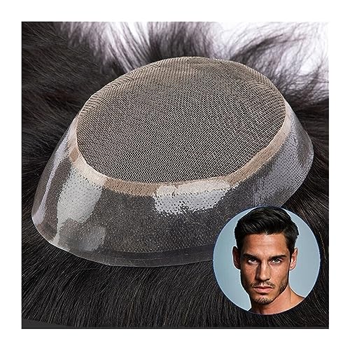 Haar Toupet Männer Französisches Spitzenbasis-Menschenhaar-Toupet, Haarteil, 2,5 cm, Poly-Haut um das Haarsystem, natürlicher Haaransatz, langlebig, glatte Perücke, Haar-Toupet for Männer Herren-Toupe von MOOWI