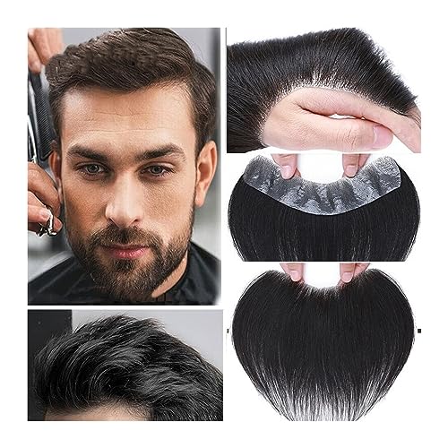 Haar Toupet Männer Haaransatz-Toupet for Herren, Stirn-Frontal-Haarteil, 0,05–0,14 mm, volle PU-Basis, indisches Echthaar #1B, natürliches Schwarz, V-Form, vordere Haarsystem-Einheiten Herren-Toupet ( von MOOWI