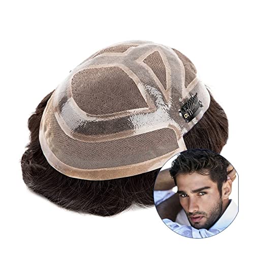 Haar Toupet Männer Herren-Haarteil, Echthaar-Ersatzsysteme, Clip-On-Haar-Toupet for Männer mit dünner Haut, mit Mono-Spitzenoberteil und langlebigem PU-Rückenwellen-Remy-Haar-Toupet Herren-Toupet (Co von MOOWI