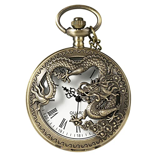 MORFONG Vintage Taschenuhr Quarz Taschenuhr mit Halskette Drachen Design Taschenuhr Antik Uhr für Männer Frauen Vater Opa Geburtstag Jahrestag von MORFONG