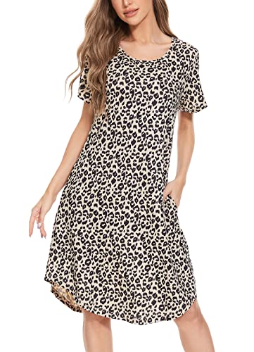 MOYEE Damen-Nachthemd, kurzärmelig, Pyjama, Kleid, Nachtwäsche, Schlafshirt, Nachtwäsche mit Taschen, Leopard, XX-Large von MOYEE