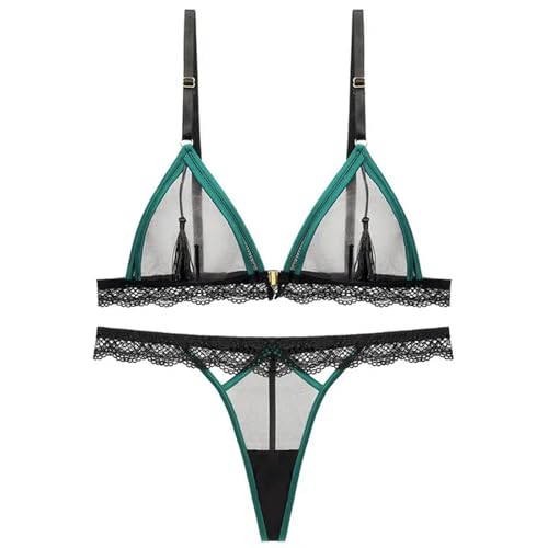 MPOWRX Hohles Spitzen-Mesh-Set aus transparentem Triangel-BH und Strings Unterwäsche-Grün-XL von MPOWRX