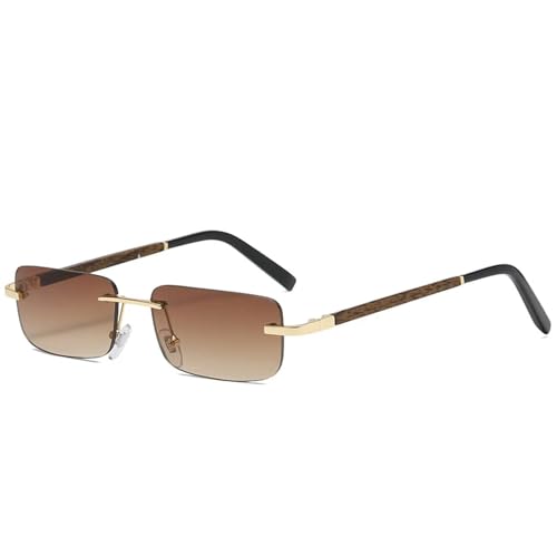 MPOWRX Sonnenbrille Damen Herren Vintage Rechteck Holz Sonnenbrille UV400 Autofahrerbrille Rahmenlos-braun-als Bild anzeigen von MPOWRX