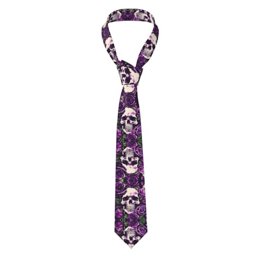 MQGMZ Herren-Krawatte mit violetten Rosen und Totenkopf-Aufdruck, für Hochzeit, Business, Party, Unisex, schmales Design, Bräutigam, Vater, Viele violette Rosen mit Totenkopf, Einheitsgröße von MQGMZ