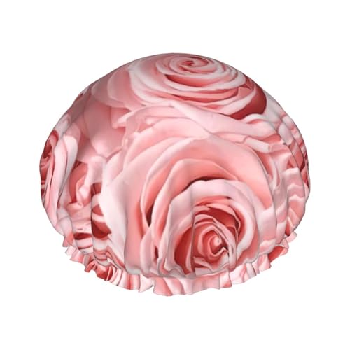 MQGMZ Leichte Duschhaube für Damen, doppellagig, wasserdicht, auffällig, rosa frische Rosen von MQGMZ