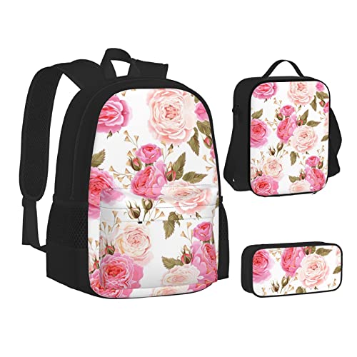 Rosen-Blumen-Rucksack für Herren, 3-teiliges Set, Büchertasche, 3-in-1, Lunchbox und Federmäppchen, verstellbare 43,2 cm Rucksäcke, Rosenblüte, EinheitsgröÃŸe von MQGMZ