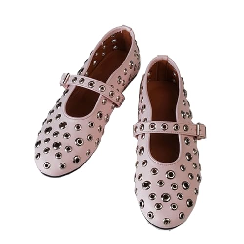 MRKEWUNEY Ballet Flachs für Frauen Metal Schnalle Strap Mesh Perforated Mary Jane Gemütlich Ballerina Flach Schuhe Wide Width Casual Dress Mary Jane Flachs Daily Dress Schuhe Pink Size 38 von MRKEWUNEY