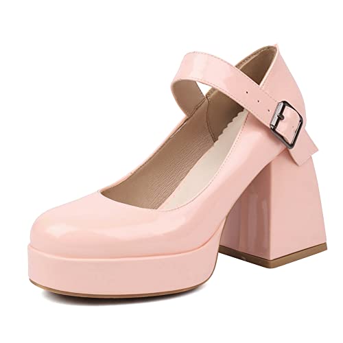 MRKEWUNEY Elegant Mary Jane Schuhe Damen Block Heel Pumps Square Toe Kn?Chelriemchen Mary Jane Bow Schnalle Plateau Heels Hochzeit Dress Schuhe Pink Size 40 von MRKEWUNEY