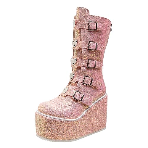 MRKEWUNEY Glitzer Goth Stiefel für Frauen Plateau Heel Knee Hohe Stiefel Chunky Heel Combat Goth Punk Stiefel Side Zipper Motorcycle Stiefeletten Pink Goth Stiefel Metal Schnalles Pink Size 36 von MRKEWUNEY