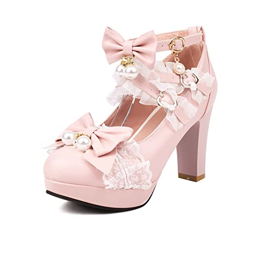 MRKEWUNEY Süss Damens Block Heel Bow Lolita Schuhe Schnalle Strap Runde Zehen Cosplay Spitze Lolita Mary Janes Schuhe Uniform Dress Schuhe Pink Size 37 von MRKEWUNEY