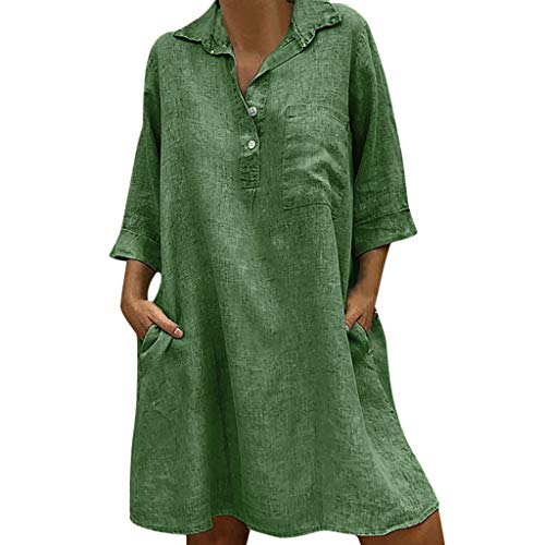 MRULIC Damen V-Ausschnitt Blusenkleid Hemdkleid Wickelkleider Shirt Kleid Langarm 3/4-Ärmel Wickeloptik Casuel Hemdkleid Shirt Kleid Knielang Button Down(Grün,EU-50/CN-5XL) von MRULIC