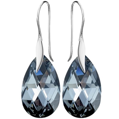 Pear Damen Hakenverschluß Hänge Ohrringe Echtes Silber 925 mit Marken Kristalle Zirkonia - Schmuck Echt Silberne Hängende Ohrhanger für Frauen und Mädchen - Hängeohrringe Ideal Geschenk (Silver Night) von MŚ 1997 MENNICA ŚWIDNICKA