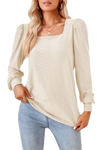 MSIYOW Bluse Damen Elegant Damenblusen Langarm Tunika Casual Oberteil Tops für Sommer Blusenshirt (L, Beige) von MSIYOW