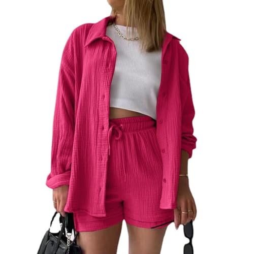 MSIYOW Damen Zweiteiler Sommer Musselin Bluse Hemd und Hosen Shorts Loungewear Damen Set Travel Outfit Elegant (XL, Rosa) von MSIYOW