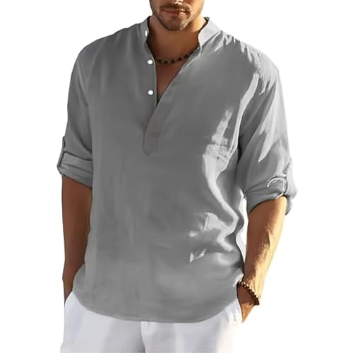 MSIYOW Leinenhemd Herren Langarm Sommerhemd Herren Hemden Freizeithemden für Men Regular Fit Shirts(3XL, Grau) von MSIYOW