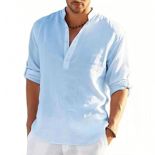 MSIYOW Leinenhemd Herren Langarm Sommerhemd Herren Hemden Freizeithemden für Men Regular Fit Shirts(L, Blau) von MSIYOW