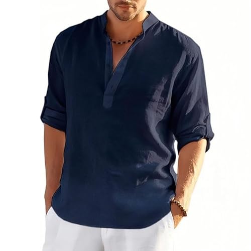 MSIYOW Leinenhemd Herren Langarm Sommerhemd Herren Hemden Freizeithemden für Men Regular Fit Shirts(XL, Marineblau) von MSIYOW