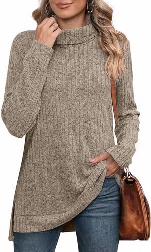 MSIYOW Pullover Damen Schwarzer Rollkragenpullover Sweater Tunika Langarm Strickpullover Damen Langarmshirt Outwear (L, Braun) von MSIYOW