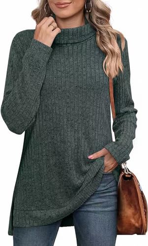 MSIYOW Pullover Damen Schwarzer Rollkragenpullover Sweater Tunika Langarm Strickpullover Damen Langarmshirt Outwear (L, Dunkelgrün) von MSIYOW