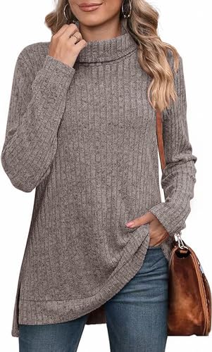 MSIYOW Pullover Damen Schwarzer Rollkragenpullover Sweater Tunika Langarm Strickpullover Damen Langarmshirt Outwear (M, Graubraun) von MSIYOW