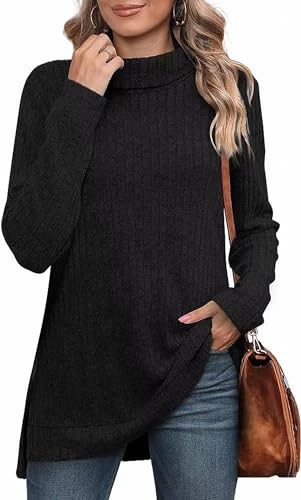 MSIYOW Pullover Damen Schwarzer Rollkragenpullover Sweater Tunika Langarm Strickpullover Damen Langarmshirt Outwear (XL, Schwarz) von MSIYOW