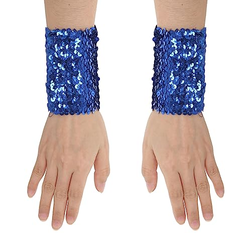 MSemis 1 Paar Damen Glänzende Pailletten Handschuhe kurz Fingerlose Armstulpen Abnehmbarer Wrist Stulpen Stretchy Manschetten Performance Cosplay Kostüm Blau - Einheitsgröße von MSemis