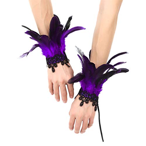 MSemis 2 Pcs Gothic Feder Manschetten Rabe Hexe Priesterin Kostüm gefärbte Hahnfeder Armbänder mit Druckknopfverschluss Party Halloween Cosplay A Lila One Size von MSemis