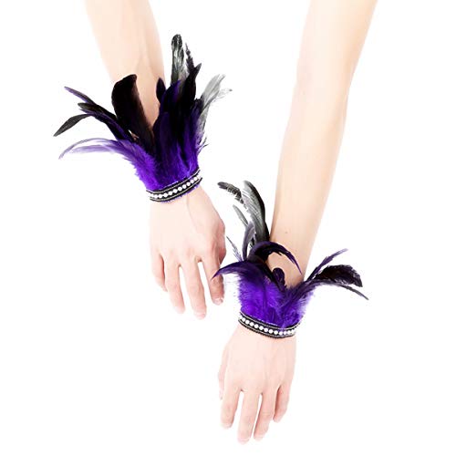 MSemis 2 Pcs Gothic Feder Manschetten Rabe Hexe Priesterin Kostüm gefärbte Hahnfeder Armbänder mit Druckknopfverschluss Party Halloween Cosplay B Lila One Size von MSemis