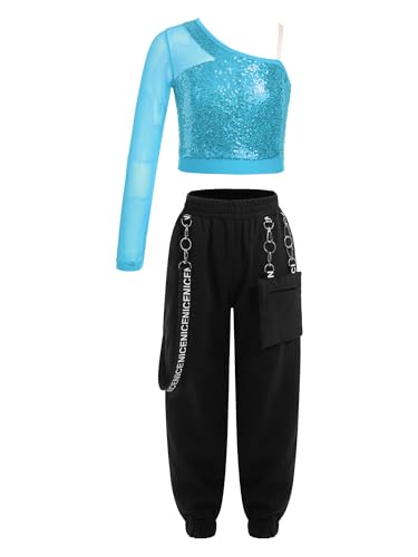 MSemis 2-teiliges Hip Hop Kleidung Set für Mädchen Langarm Pailletten Crop Top + Cargohose Sport Jazz Tanzoutfit Hellblau A 158-164 von MSemis