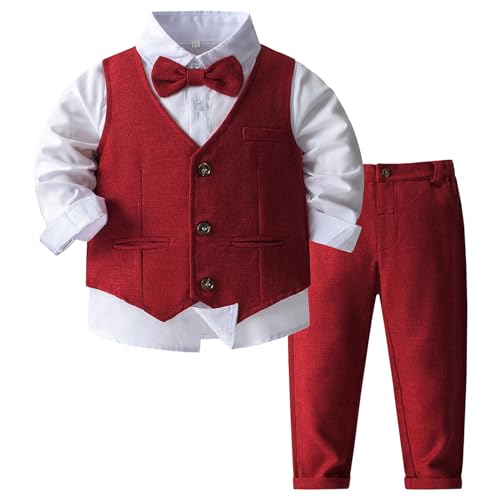 MSemis Baby Jungen Bekleidungsset Anzug 4tlg Langarm Hemd + Hose + Weste + Fliege Gentleman Festliche Taufe Hochzeit Outfit Dunkelrot 110-116 von MSemis