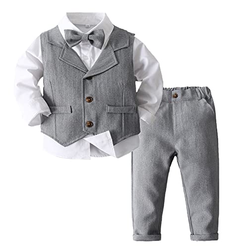 MSemis Kleinkinder Jungen 4 Stück Gentleman Smoking Outfit Langarm Hemd + Weste + Hosen + Krawatte für Festlich Taufe Hochzeit Grau 104-110 von MSemis