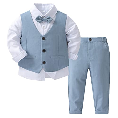 MSemis Baby Jungen Taufanzug Gentleman Bekleidungssets Langarm weißes Hemd +Fliege +Hose + Weste für Festlich Hochzeit Bekleidung Set 4tlg Hellblau 80-86 von MSemis