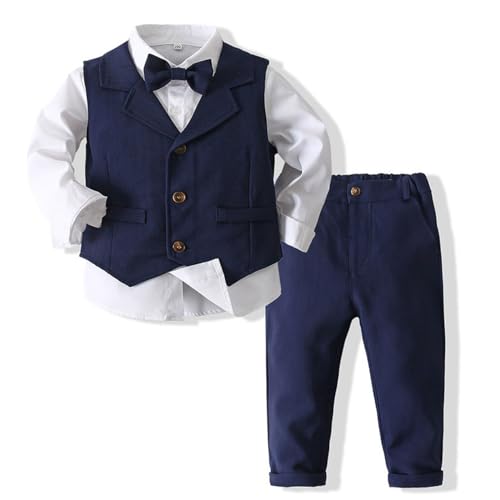 MSemis Kleinkinder Jungen 4 Stück Gentleman Smoking Outfit Langarm Hemd + Weste + Hosen + Krawatte für Festlich Taufe Hochzeit Navy Blue 104-110 von MSemis