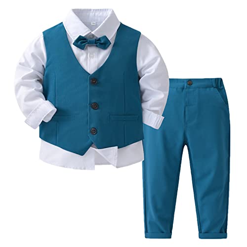 MSemis Baby Jungen Taufanzug Gentleman Bekleidungssets Langarm weißes Hemd +Fliege +Hose + Weste für Festlich Hochzeit Bekleidung Set 4tlg Blau 104-110 von MSemis