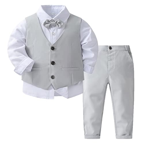 MSemis Baby Jungen Taufanzug Gentleman Bekleidungssets Langarm weißes Hemd +Fliege +Hose + Weste für Festlich Hochzeit Bekleidung Set 4tlg Grau 74-80 von MSemis