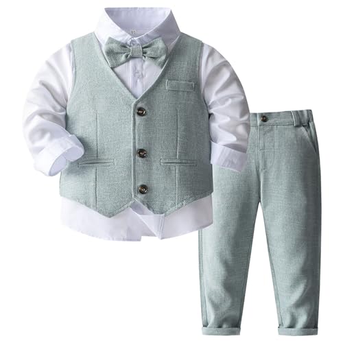 MSemis Baby Jungen Bekleidungsset Anzug 4tlg Langarm Hemd + Hose + Weste + Fliege Gentleman Festliche Taufe Hochzeit Outfit Hellgrün 92-98 von MSemis