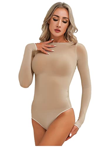 MSemis Body Damen Sexy Sheer Mesh Langarm Durchsichtig Bodysuit Netz Bluse Tops Oberteil Blusebody Unterziehbody Schmal Bodysuits Tops Reizwäsche Nude- Einheitsgröße von MSemis