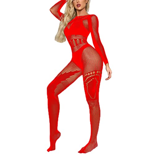 MSemis Bodystocking Damen Nylon Dessous Ouvert Body Ganzkörper Strumpfhose Fischnetz Bodysuits Catsuit Overall Jumpsuit Clubwear Rot F Einheitsgröße von MSemis