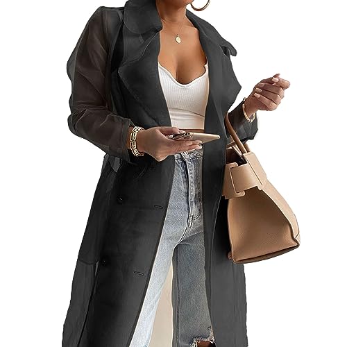 MSemis Damen Transparent Cardigan Jacke Organza Langarm Mesh Mantel Cover Up Beachwear Casual Sommer Schwarz L von MSemis