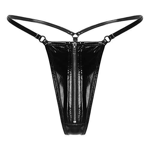 MSemis Damen Wetlook String Tanga Ouvert-Slip Hotpants Lack Leder Shorts Unterwäsche Erotik Dessous Gogo Höschen Reizwäsche mit Reißverschluss M Schwarz XXL von MSemis