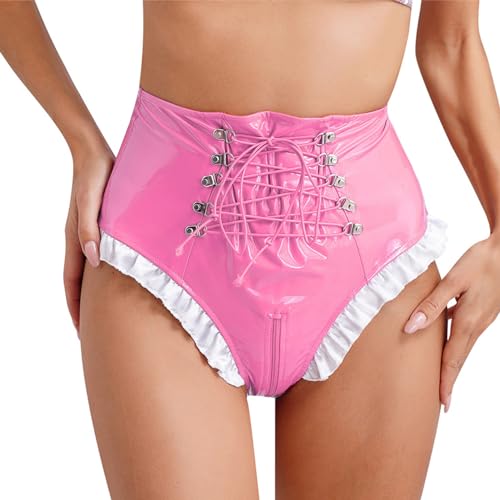 MSemis Damen Wetlook String Tanga Ouvert-Slip Hotpants Lack Leder Shorts Unterwäsche Erotik Dessous Gogo Höschen Reizwäsche mit Reißverschluss Rosa Ep 4XL von MSemis