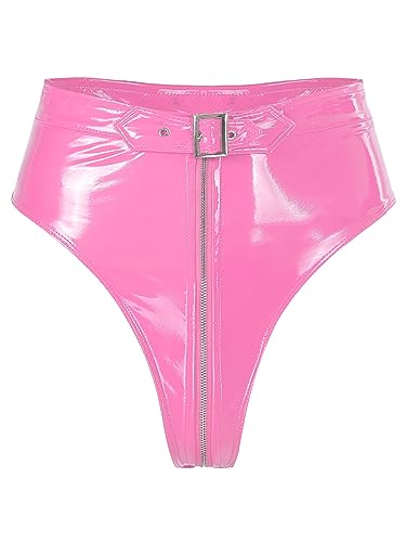 MSemis Damen Wetlook String Tanga Ouvert-Slip Hotpants Lack Leder Shorts Unterwäsche Erotik Dessous Gogo Höschen Reizwäsche mit Reißverschluss Rosa M von MSemis