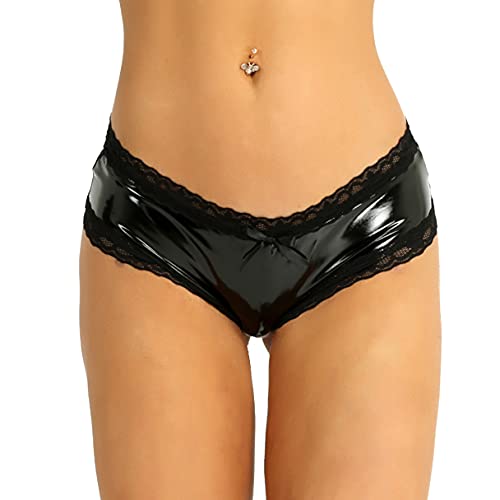 MSemis Damen Wetlook String Tanga Ouvert-Slip Hotpants Lack Leder Shorts Unterwäsche Erotik Dessous Gogo Höschen Reizwäsche mit Reißverschluss Schwarz A 3XL von MSemis