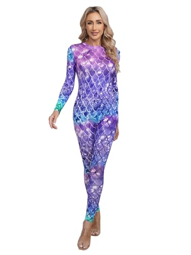 MSemis Frauen Meerjungfrau Cosplay Fischschuppen Druck Jumpsuit Lange Ärmel Ganzkörper Strampler Bodysuit Badeanzug Faschingskostüm Typ B M von MSemis