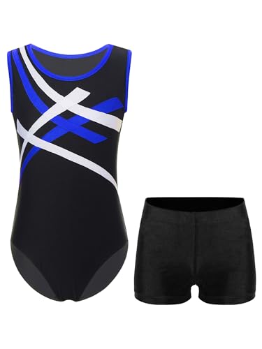 MSemis Gymnastik Trikot für Jungen Kinder Turnanzug Gymnastikanzug Ärmellos Gymnastik Trikot Ballettbody mit Tanz shorts Tanzbekleidung Blau Schwarz 134-140 von MSemis