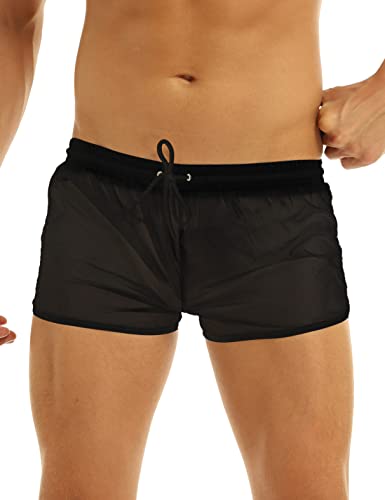MSemis Herren Boxershorts Transparent Boxer Hosen Sport Shorts Pants dünne Unterwäsche Kurz Hose Trunks Retroshorts mit Kordelzug Gr. M-XL Schwarz M von MSemis