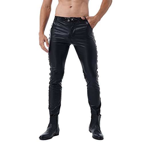 MSemis Herren Lack Leder Hose Pants Wetlook Leggings Skinny mit Reißverschluss Elastisch Lackoptik Lederhose Slim Fit Schwarz A S von MSemis