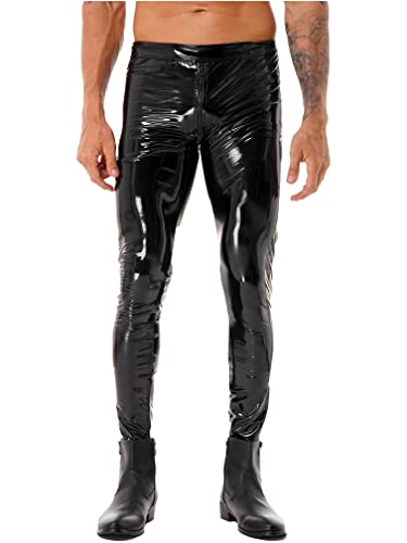 MSemis Herren Lack Leder Hose Pants Wetlook Leggings Skinny mit Reißverschluss Elastisch Lackoptik Lederhose Slim Fit Schwarz S von MSemis