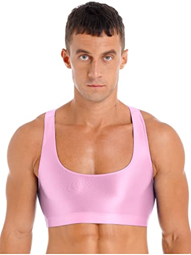 MSemis Herren Sport BH Training Tank Top Männer Glänzende Sissy Bra Reizwäsche Unterwäsche Bikini Erotik Dessous Top Partykleidung Clubwear Rosa XL von MSemis